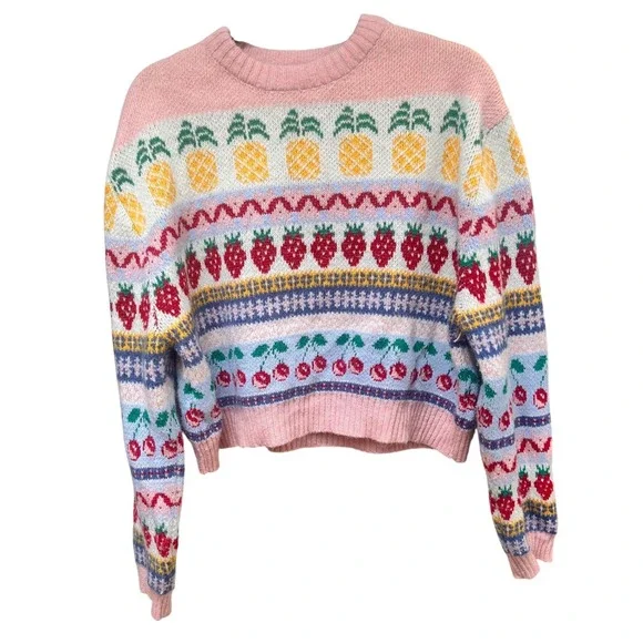Zara Fruit Intarsia Knit Sweater Pink Fair Isle Strawberry Cherry Pineapple L - Picture 2 of 5